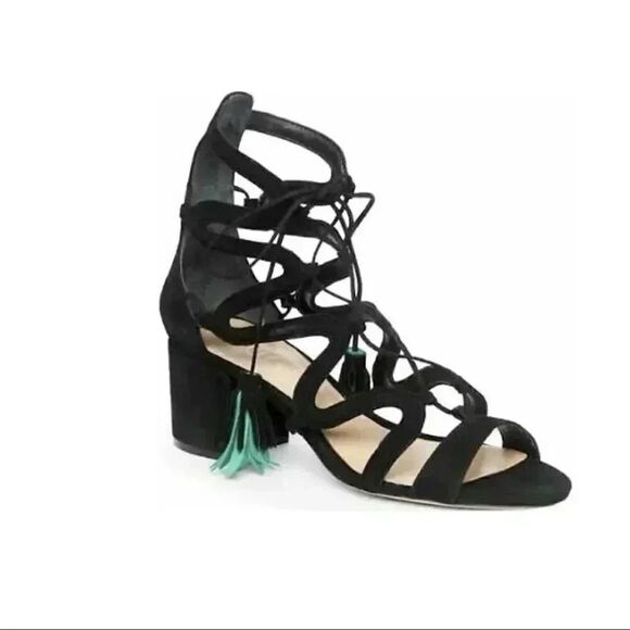 Schutz Ryder Gladiator Sandal Black Suede Color Fringed Tassel Block Sz 7 - Picture 1 of 12